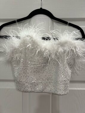 Windsor White Feather Trim Sequin Crop Top
